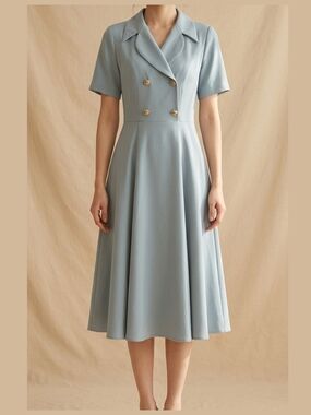 Double-Breasted Midi Trench Dress with Shoulder Pads - Dusty Blue Sz 2